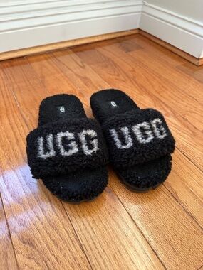 UGG Black Shearling Logo Slide Slippers with White Logo